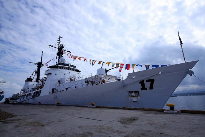 CUTTING EDGE. Newly-acquired vessel, Barkong Republikang Pilipinas Andres Bonifacio, is seen docked at Sasa Wharf hours before its departure for Iligan City yesterday in the continuation of its tour of duty. LEAN DAVAL JR.