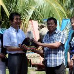 HIGHEST GESTURE. President Rodrigo Duterte (second from right) hands over a Philippine Eagle stuffed toy to Japan’s Prime Minister Shinzo Abe (second from left) after the prime minister adopted a two year-old female eagle while PM Abe’s wife, Akie Abe (leftmost) and President Duterte’s partner Cielito Avanceña look on during the ceremonial eagle naming at the garden area of Waterfront Insular Hotel in Davao City on Friday during the second day of the prime minister’s two-day official visit to the Philippines. LEAN DAVAL JR.