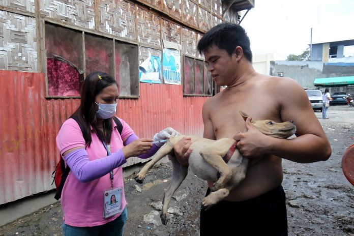 BESTFRIEND.A dog owner holds his pet while Michelle Galo of the City Veterinarian Office injects anti-rabies vaccine during a free vaccination for dogs and cats in Barangay 28-C, Juan Luna Street, Davao City yesterday. LEAN DAVAL JR.