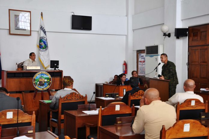 SP VISIT. Lt. Col. Marion T. Angcao (center), 73rd Infantry Battalion commander, pays a courtesy call during the regular session of the Sangguniang Panlalawigan (SP) of Sarangani province in Alabel town last week. Board Members (left-right) Virgilio Clark Tobias, Fredo P. Basino, Jess Bascuna, Vice Governor Elmer T. de Peralta; and (right-left) Arman U. Guili, Joseph M. Calanao, George Falgui, Cesar Nallos and Hermie Galzote were all present during the session. Angcao replaced Lt. Col. Felix Ronnie B. Babac last January. The 73rd IB covers the whole areas of Davao del Sur, Davao Occidental and four municipalities in Sarangani Province - Glan, Malapatan, Alabel and Malungon. (Ener T. Toguin for SARANGANI INFORMATION OFFICE)