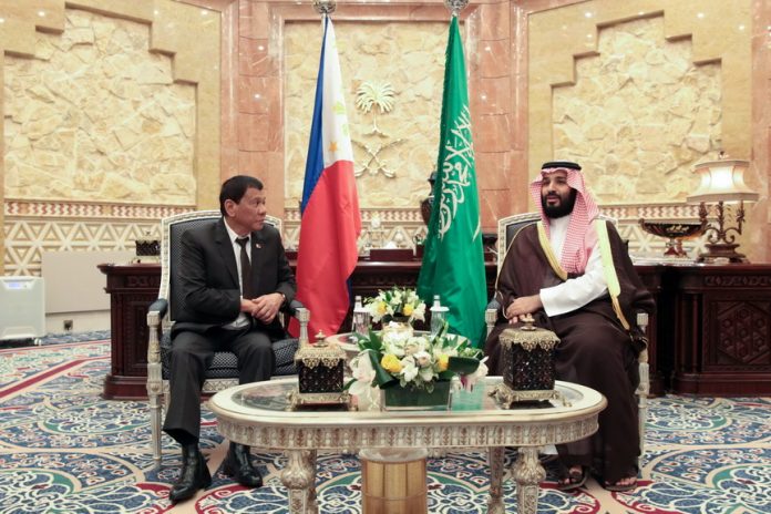 MEETING HIS HIGHNESS. President Rodrigo Duterte meets with Kingdom of Saudi Arabia Deputy Crown Prince Mohammed Bin Salman Bin Abdulaziz Al Saud who paid a courtesy call on the President at the King Saud Guest Palace in Riyadh on Tuesday. The courtesy call was held following the President's successful visit to His Royal Majesty King Salman Bin Abdulazziz Al Saud at His Majesty’s private residence in Rawdhat Khuraim on the same day. ROBINSON NIÑAL/Presidential Photo