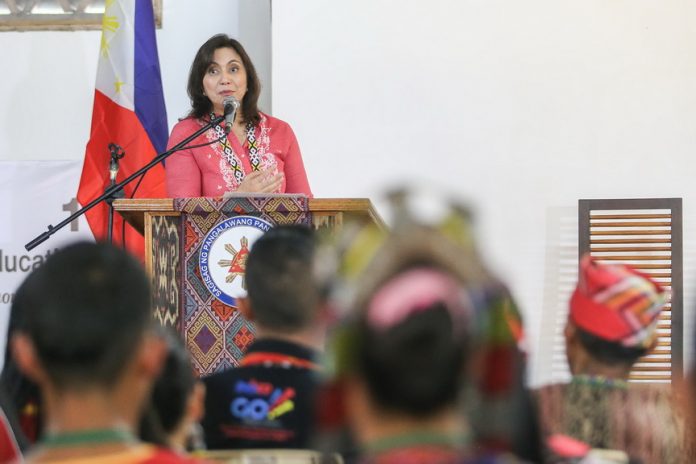 Vice President Leni Robredo delivers a message to participants of the National Indigenous Peoples (IP) Education Festival at the Pamulaan Center for IP Education, University of Southeastern Philippines, in Davao City on Monday (15 May 2017). MindaNews photo by Manman Dejeto