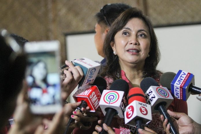 Vice President Leni Robredo answers questions from the media after delivering a message to participants of the National Indigenous People (IP) Education Festival at the Pamulaan Center for IP Education, University of Southeastern Philippines, in Davao City on Monday (15 May 2017). MindaNews photo by Manman Dejeto