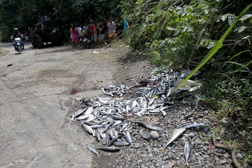 THE CRIME SCENE. Fish scattered at the area where fish seller Larry Buenafe was hit by shrapnel from an improvised explosive device which was set off by the blocking force of the New People’s Army (NPA) after setting the Lapanday plants on fire last Saturday in Mandug, Davao City. Buenafe, who fell into a coma after the incident, died on Thursday. LEAN DAVAL JR.