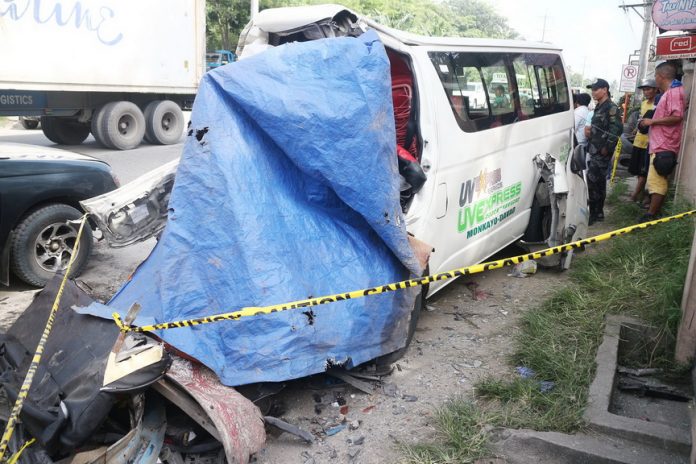 Ten passengers of this passenger van were killed and at least nine others were also injured following a head-on collision with a six-wheeler truck along Agusan-Davao highway in Barangay Bunawan, Davao City around 5a.m. Wednesday, June 14, 2017. Mindanews Photo