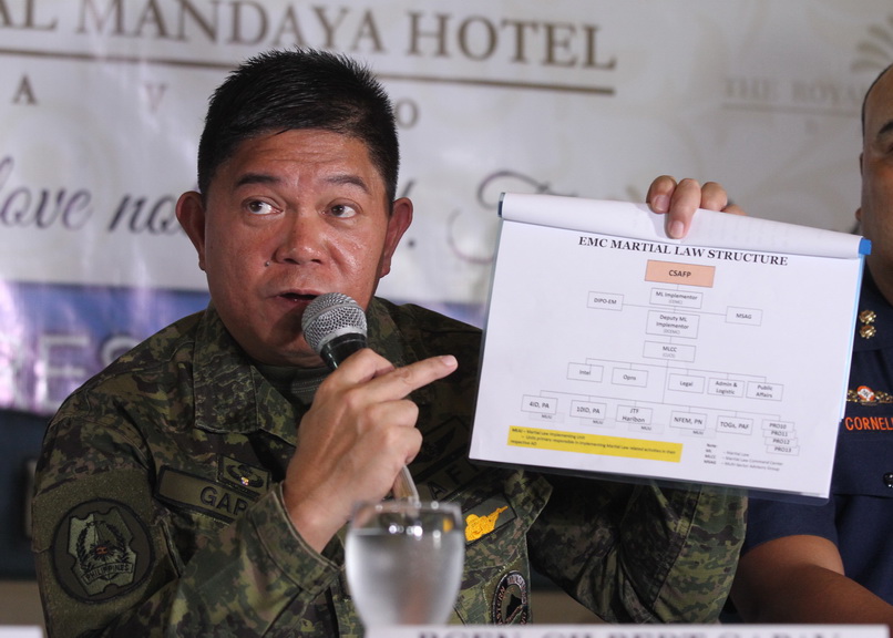 PRESERVING LAW AND ORDER. Eastern Mindanao Command (EastMinCom) spokesperson Brigadier General  Gilbert Gapay shows the EMC martial law structure while providing updates of martial law during AFP-PNP Press Corps media forum at The Royal Mandaya Hotel in Davao City on Wednesday. LEAN DAVAL JR.