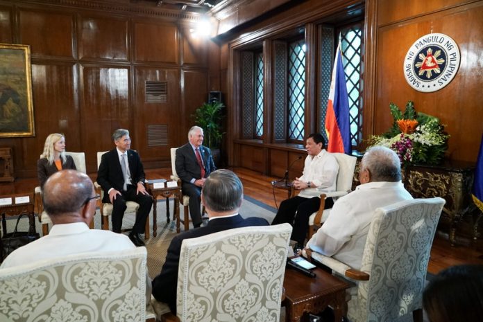 ALLIES STILL. President Duterte meets with US Secretary of State Rex Tillerson who paid a courtesy call on the President at the Malacañan Palace on Monday night. Joining the US Secretary of State is US Ambassador to the Philippines Sung Kim. KING RODRIGUEZ/PRESIDENTIAL PHOTO