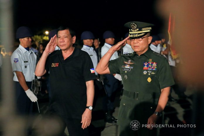 SUCCESSFUL VISIT. President Duterte is accorded with military honors upon his arrival at the Tactical Operations Group (TOG) XI in Davao City following his attendance to the Golden Jubilee Celebration of the Accession to the Throne of His Majesty Sultan Haji Hassanal Bolkiah Mu’izzaddin Waddaulah in Brunei Darussalam on Saturday. Accompanying the President is Eastern Mindanao Command (EastMinCom) Commander Lt. Gen. Rey Leonardo Guerrero. PRESIDENTIAL PHOTO