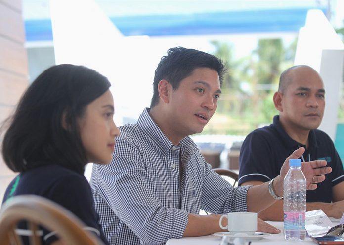 UPBEAT. Damosa Land, Inc. vice president Ricardo Lagdameo (center), together with assistant vice president Danilo Manlangit (right) and project head Pauline Anne Ferrero, provides updates on the company’s residential, commercial, industrial and agricultural properties developments and projects in the pipeline specifically the Bridgeport Seaside Leisure Township in Island Garden City of Samal (IGaCoS) during a presser at the club house of Seawind in Sasa, Davao City on Thursday. LEAN DAVAL JR