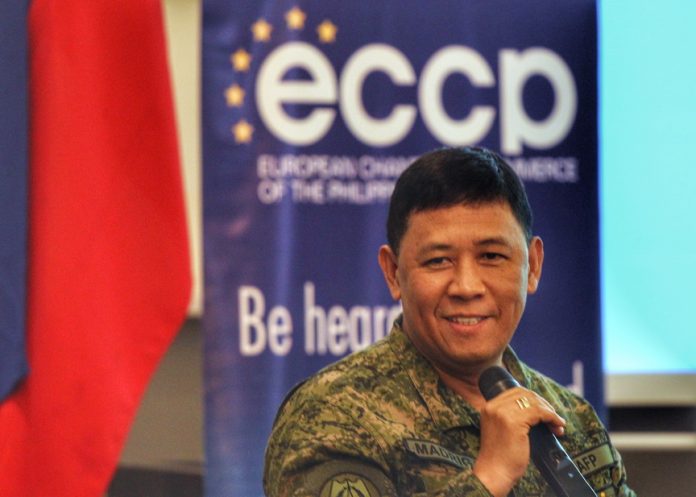 SECURITY BRIEFING. Eastern Mindanao Command (EastMinCom) commander Lt. Gen. Benjamin Madrigal provides updates on the security situation in Mindanao and Davao City after the declaration of Martial Law during the European Chamber of Commerce of the Philippines’ Mindanao Business Forum held at Seda Abreeza Hotel on Tuesday. LEAN DAVAL JR