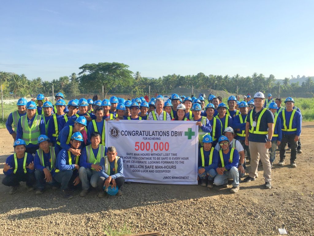 A Milestone. J.V. Angeles Construction Corporation, the Davao City Bulk Water Supply Project’s engineering, procurement, and construction (EPC) contractor clocked in 500,000 safe man-hours without lost-time incident last April. This project milestone was celebrated last May 8, 2019.