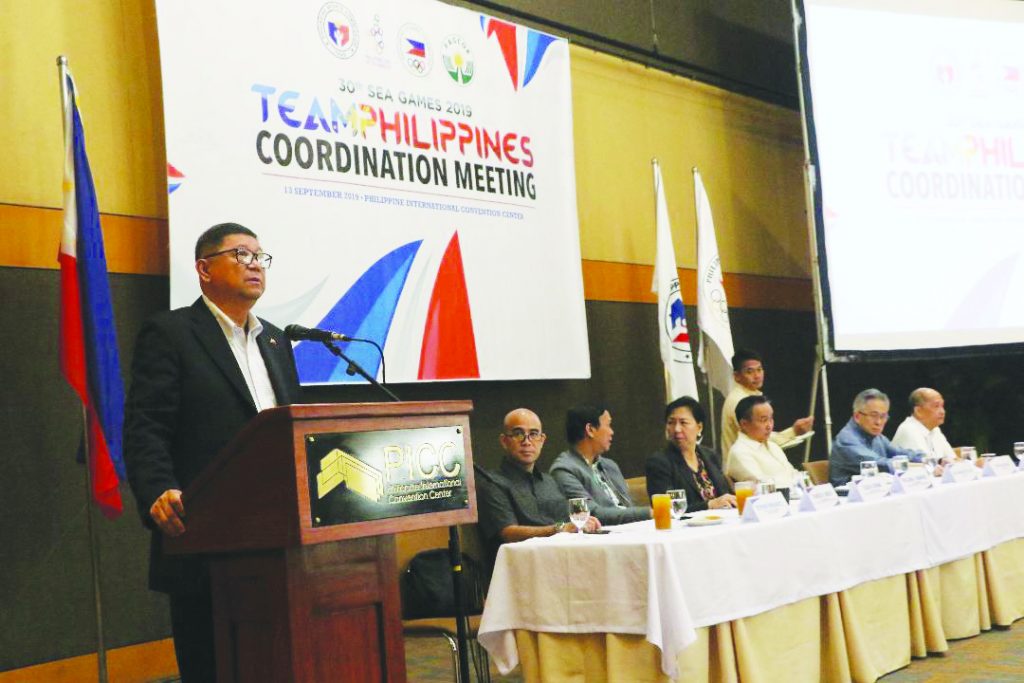 PSC Chairman and Team Philippines chef de mission William “Butch” Ramirez addresses the assembly of sports leaders for a coordination meeting geared towards a successful staging and participation in the Southeast Asian Games. PSC photo