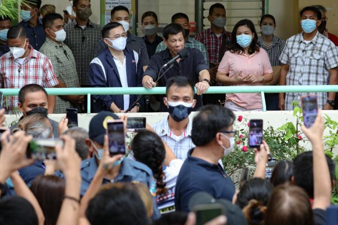 President Rodrigo Duterte gives a message after casting his vote for the 2022 National and Local Elections at the Daniel R. Aguinaldo National High School in Davao City on May 9, 2022. PRESIDENTIAL PHOTO