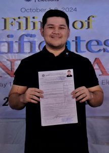 Rodrigo "Rigo" Duterte II, son of Davao City First District Rep. Paolo "Pulong" Duterte and namesake of former President Rodrigo Duterte, files his certificate of candidacy (COC) at the Commission on Elections (COMELEC) district office inside Magsaysay Park in Davao City on Wednesday. Rigo is seeking a city council seat for the first district of Davao City. LEAN DAVAL JR