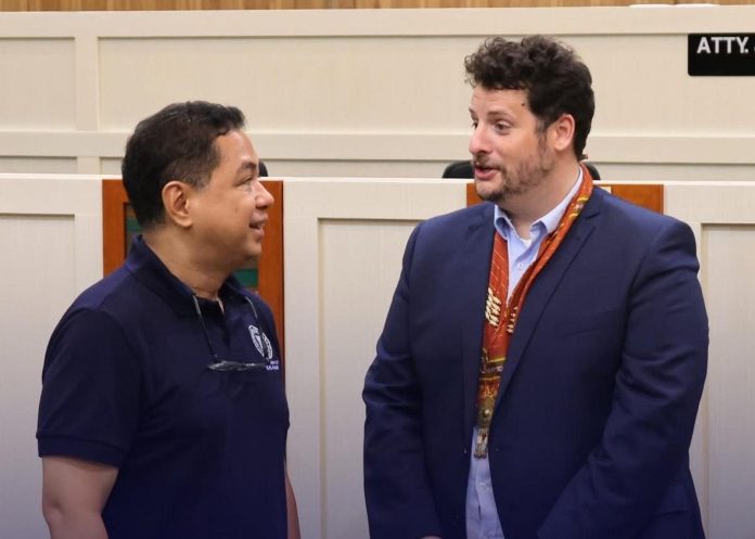 Davao City Vice Mayor J. Melchor Quitain Jr. discusses matters with Australian Embassy Economic Counsellor Luke Villiers during the Australian Embassy delegation's courtesy visit at the City Council of Davao on Thursday. Photo courtesy of VMO